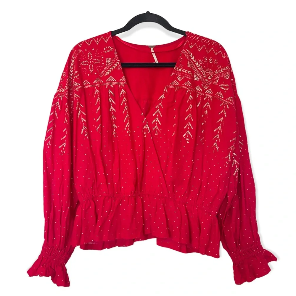 Free People Counting Stars Peasant Blouse Red